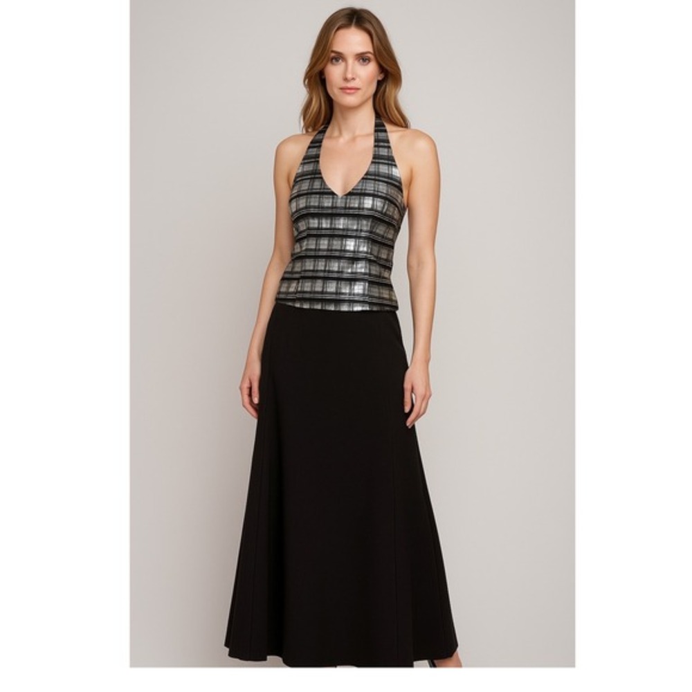 Xscape By Lawrence Kurtz Plaid Halter Neck Top Metallic Silver Black 14  86-17‎